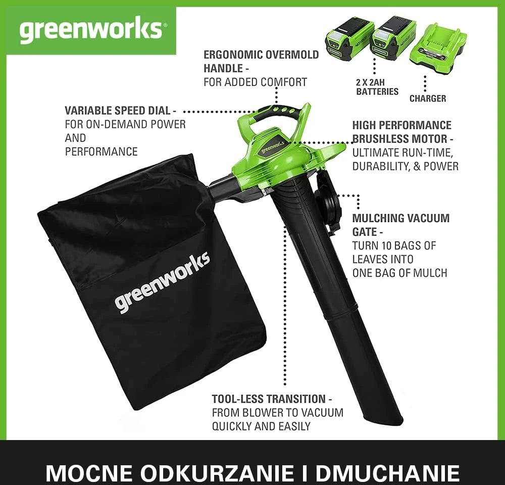 Greenworks lapų pūstuvas-siurblys 40 V su smulkinimo funkcija ir 2 x 2 Ah akumuliatoriais GD40BVK2X