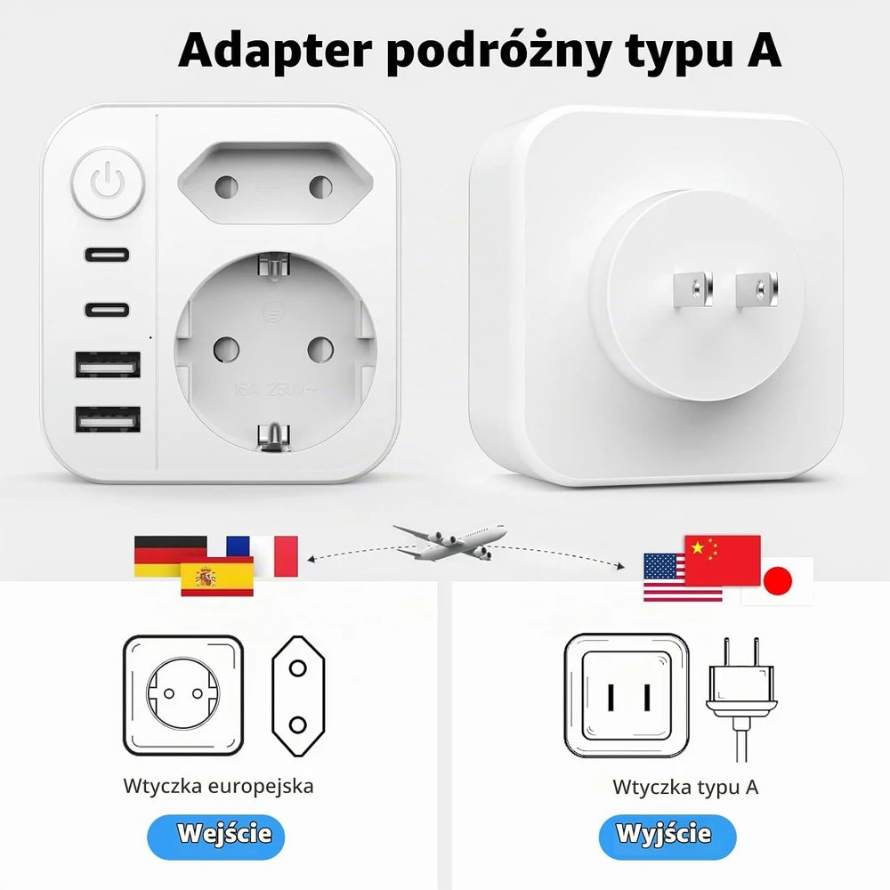 grestar kelioninis kištukų adapteris į A tipą su 2 USB-A, 2 USB-C, 2500 W B0FHJ4VYMW