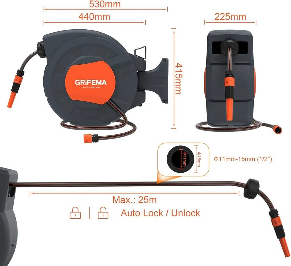 Grifema automatinė laistymo žarnos ritė, 25 m, sieninė, sukiojama 180°, G301-25