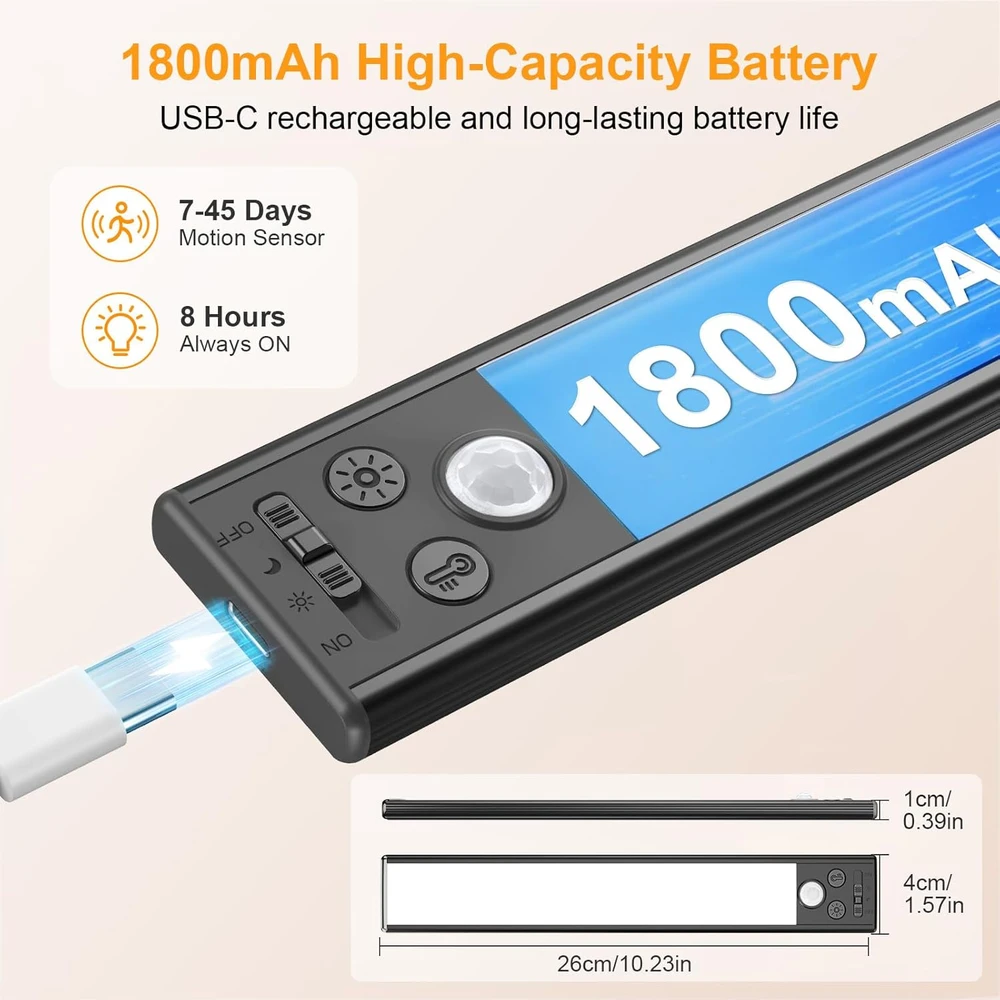 Gritin LED spintelės lempa su judesio jutikliu, 26 cm, 1800 mAh, 3 spalvos, magnetinė, 2 vnt.