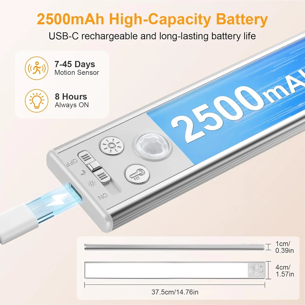Gritin LED spintos šviestuvų rinkinys su judesio jutikliu, 2500 mAh akumuliatorius, USB-C įkrovimas, G1358