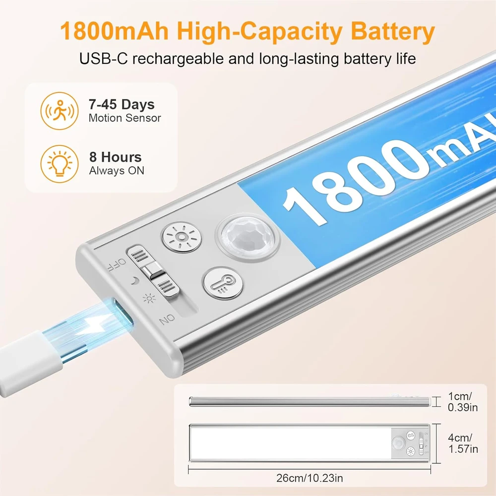 Gritin magnetinė LED spinta šviestuvė su judesio jutikliu, 26 cm, USB-C, 1800 mAh, 2 vnt. komplektas G1358