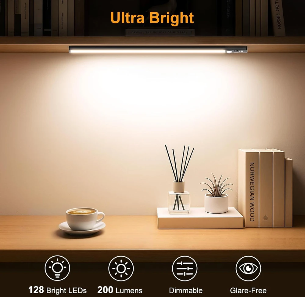 Gritin magnetinė LED spintos lempa su judesio jutikliu, 2500 mAh baterija, USB-C, 3 spalvų temperatūros