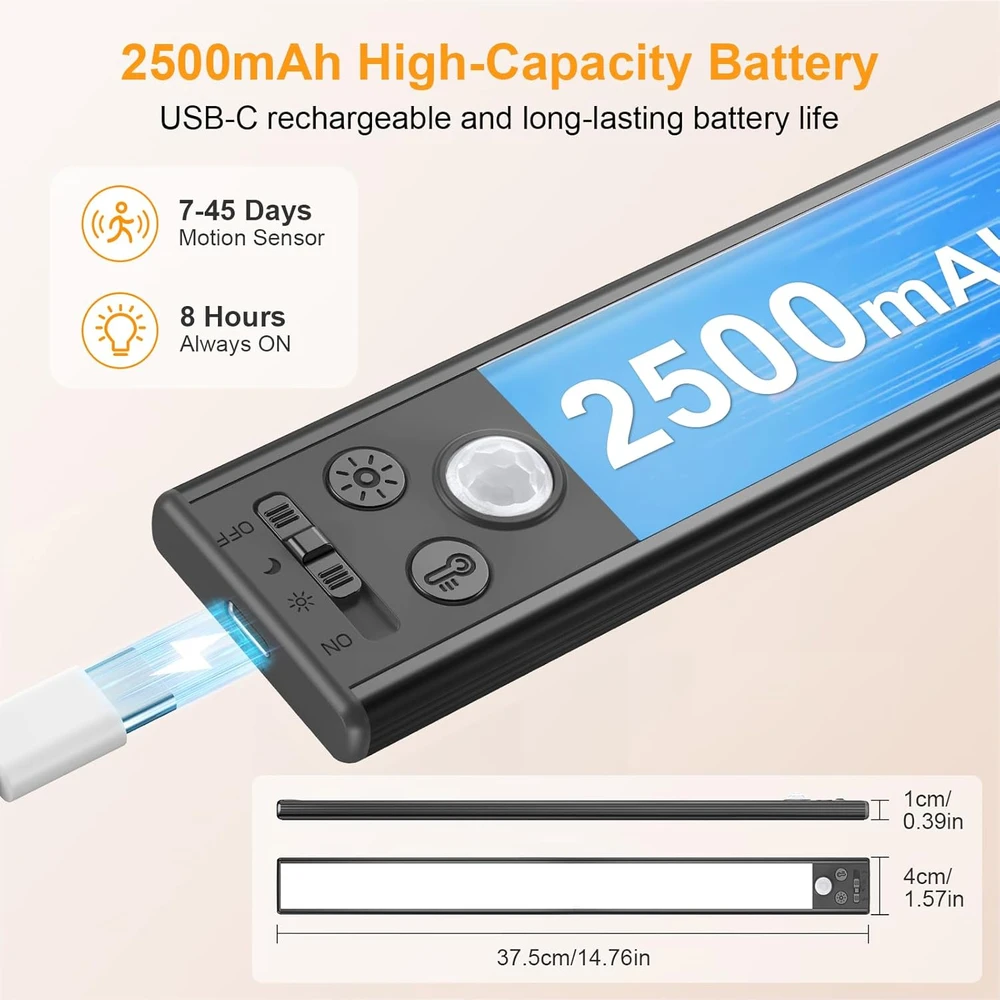 Gritin magnetinė LED spintos lempa su judesio jutikliu, 2500 mAh baterija, USB-C, 3 spalvų temperatūros