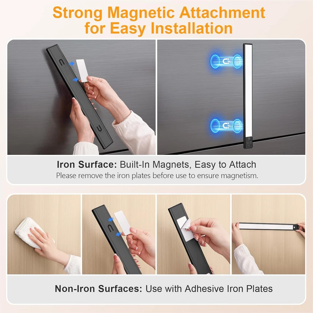 Gritin magnetinė LED spintos lempa su judesio jutikliu, 2500 mAh baterija, USB-C, 3 spalvų temperatūros