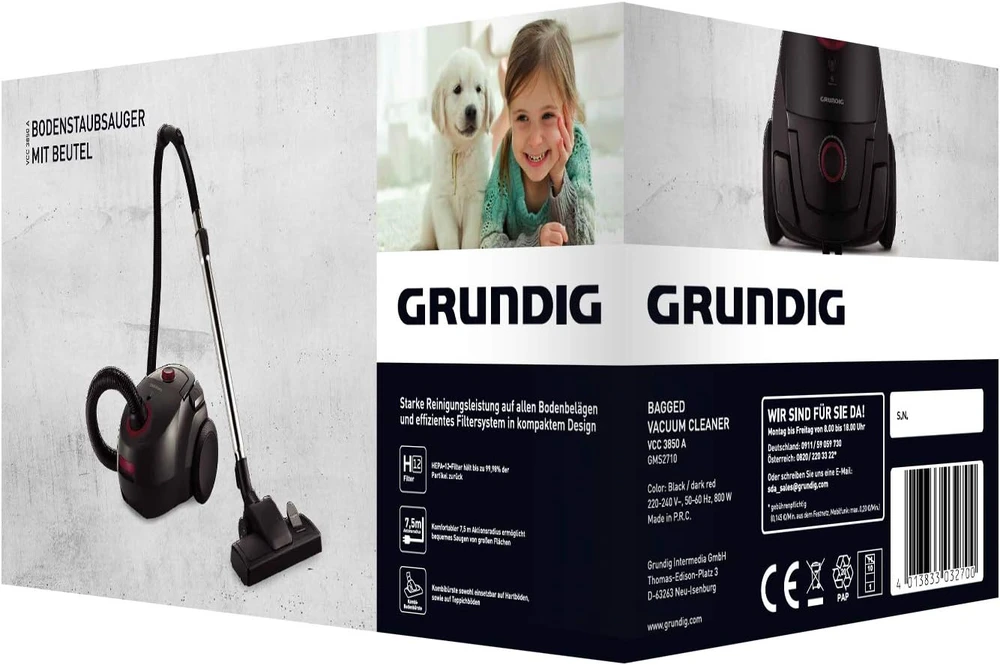 GRUNDIG cilindrinis dulkių siurblys 800 W su HEPA filtru VCC 3850 A