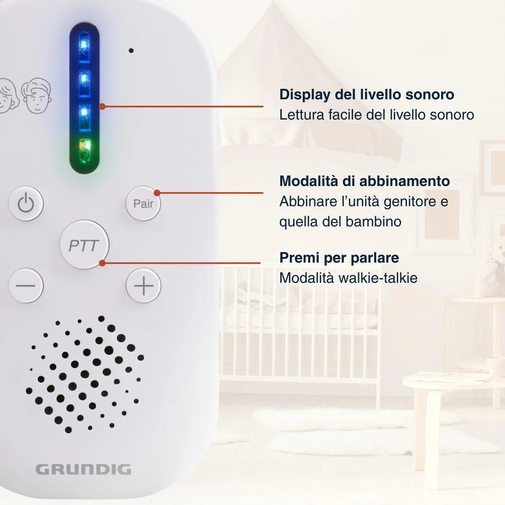 Grundig DECT garso auklė su interkomu, 150 m veikimo nuotolis, balta, B0G5Z23SSH