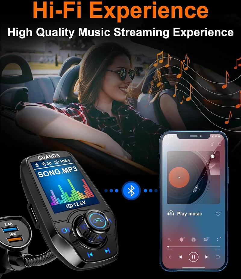 Guanda Technologies Co Guanda automobilinis Bluetooth FM siųstuvas su 1,8 col. LCD ekranu ir USB QC3.0