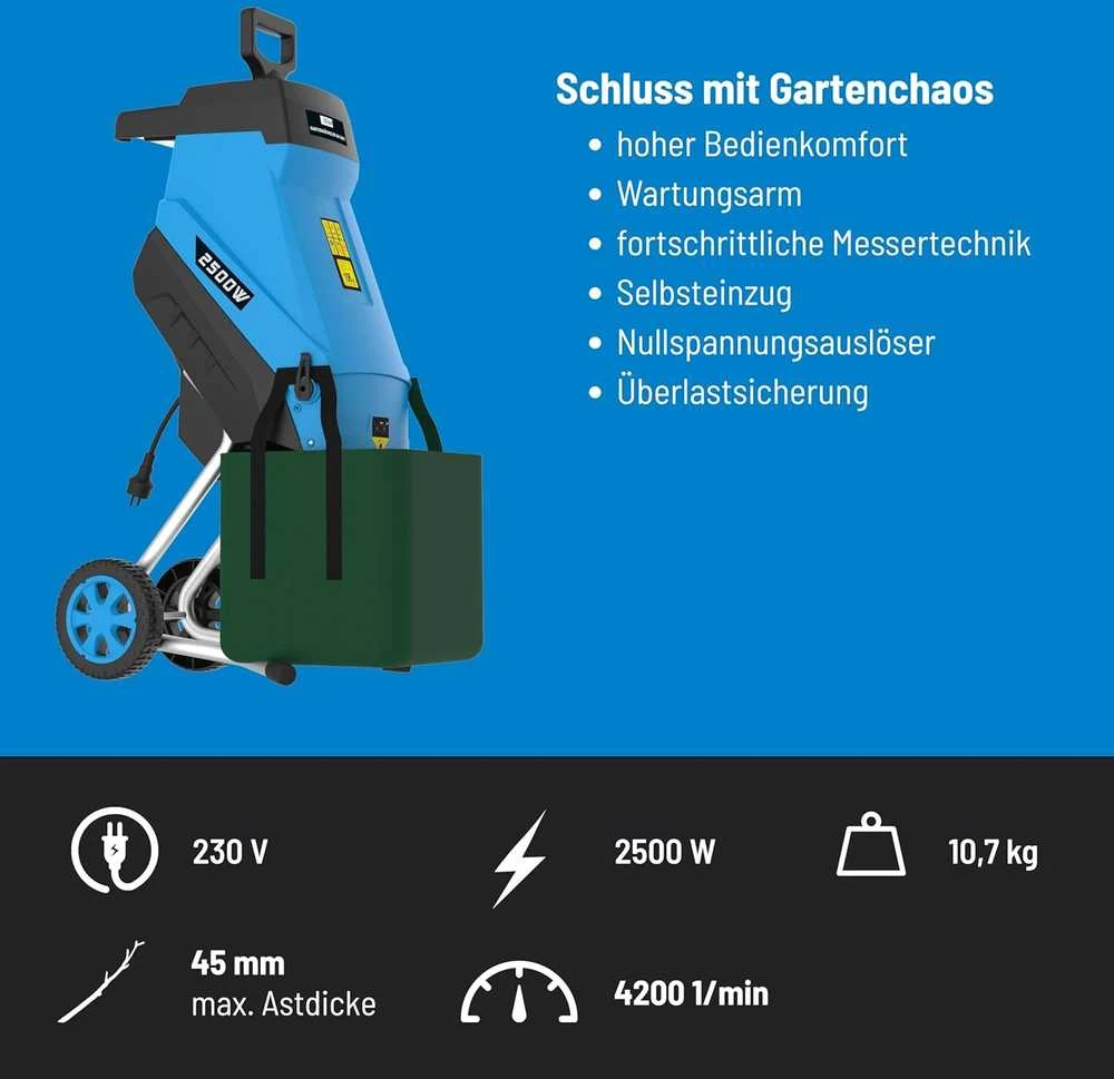 Güde sodo smulkintuvas 2500 W su peiliais, 45 mm šakų storis, 45 l talpa, 94372