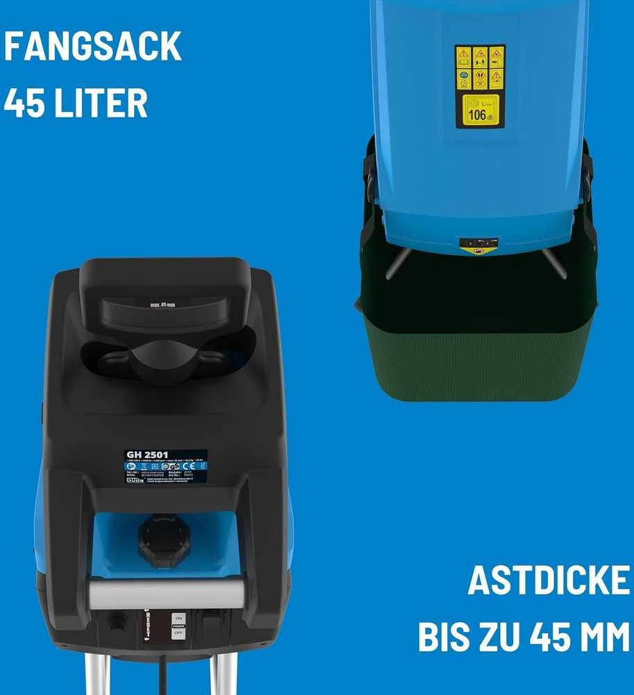 Güde sodo smulkintuvas 2500 W su peiliais, 45 mm šakų storis, 45 l talpa, 94372
