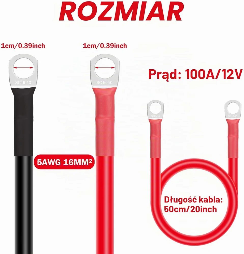 GUNGY akumuliatoriaus laidai 16 mm² 50 cm 12 V 100 A M10 DX01_5AWG-GYKJ