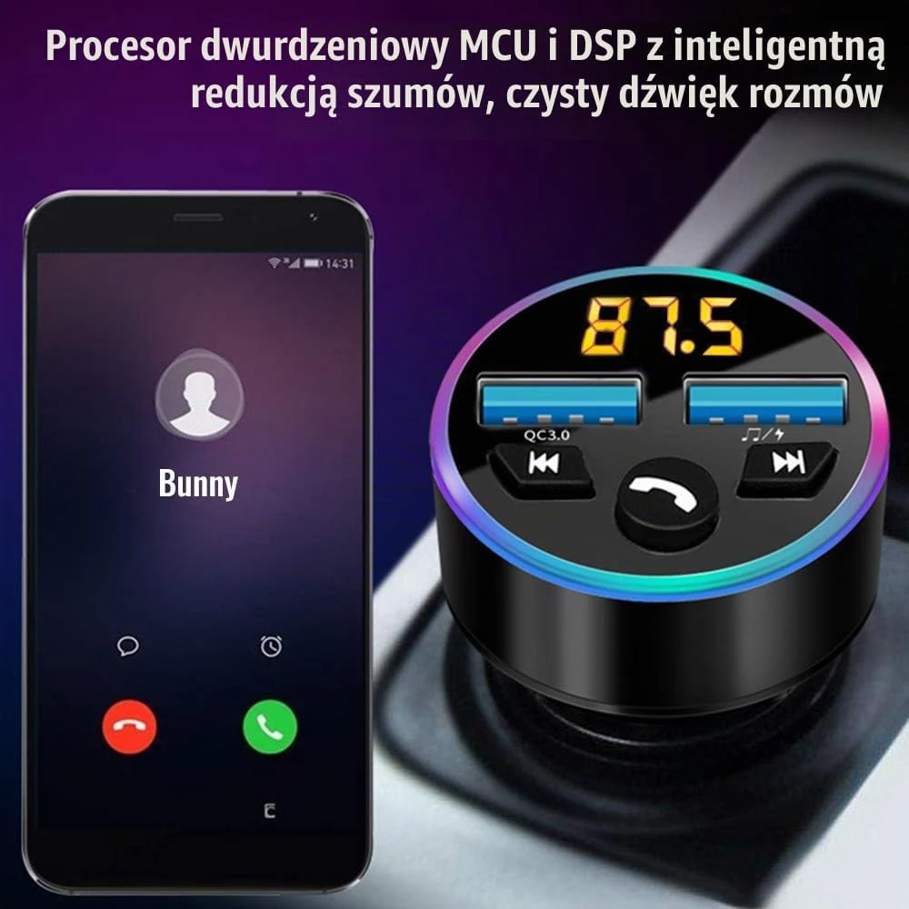 Guniata automobilinis FM siųstuvas Bluetooth su QC3.0 ir dviem USB jungtimis