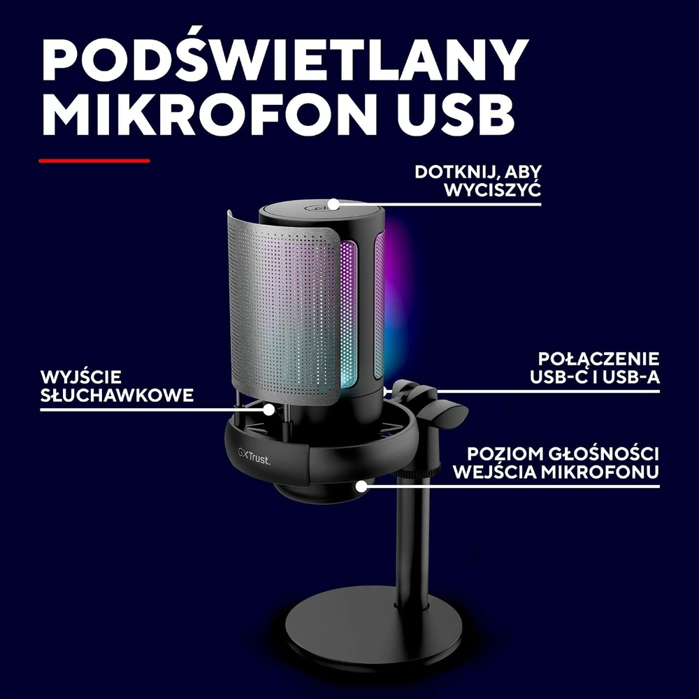 GXTrust 26142 USB mikrofonas su kardioidine kryptingumo charakteristika ir RGB apšvietimu