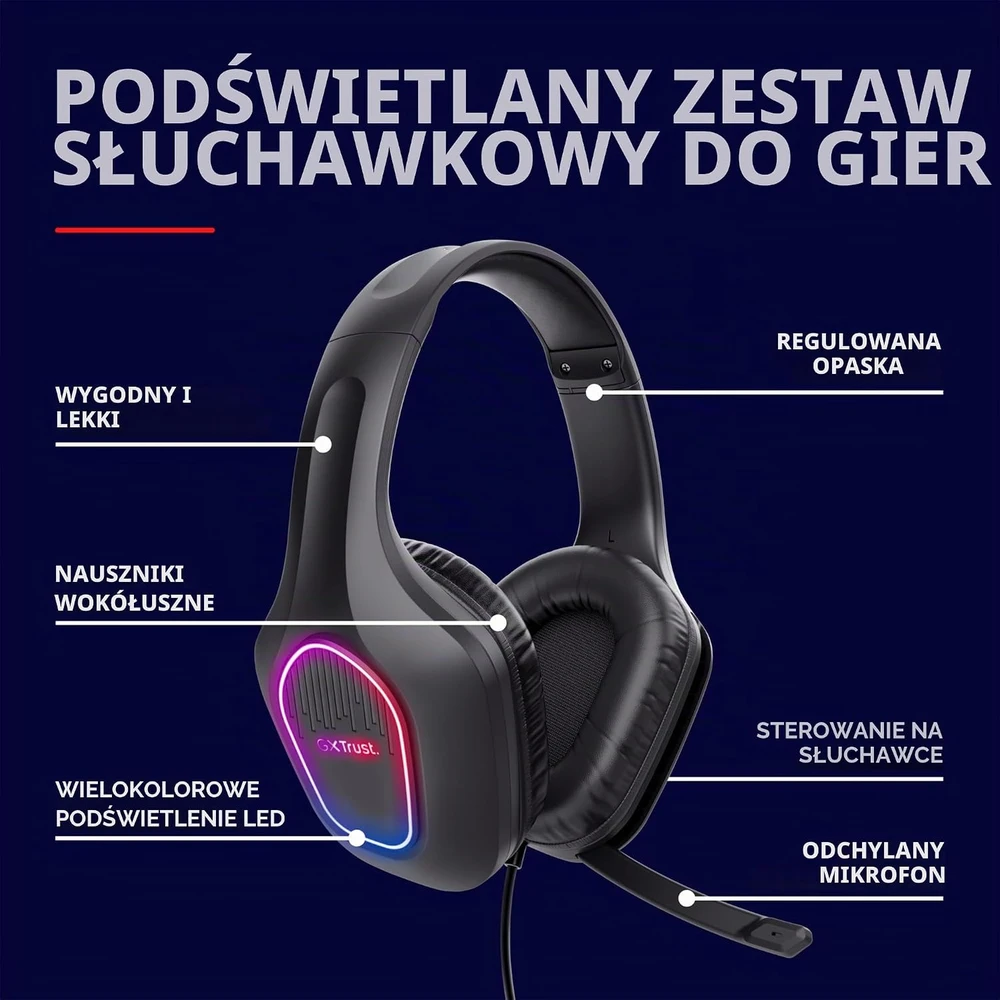 GXTrust žaidimų ausinės su mikrofonu, laidinės 3,5 mm, 50 mm, LED, GXT 419 Rayne
