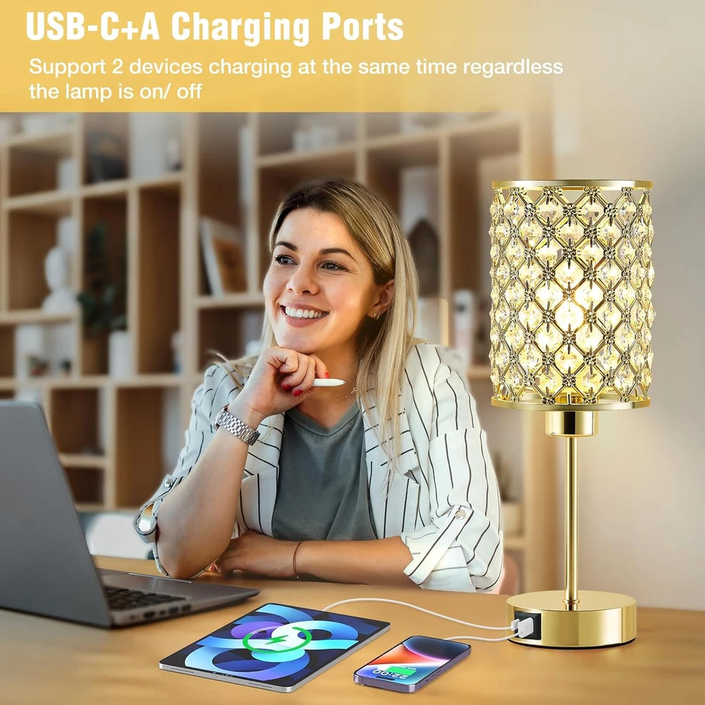 GyroVu krištolinė stalinė lempa su USB-C ir USB-A, pritemdoma, G-1TL-2045