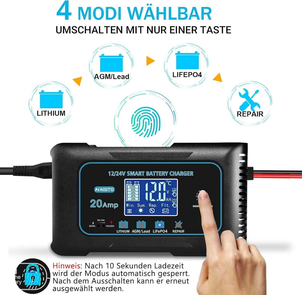 Haisito automobilių akumuliatorių įkroviklis 12 V/24 V, 20 A, LiFePO4 B0FR4V579L