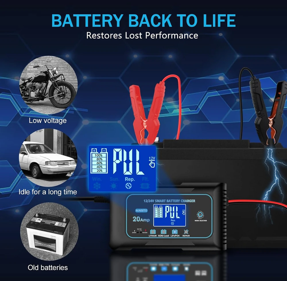Haisito automobilių akumuliatorių įkroviklis 12 V/24 V, 20 A, LiFePO4 B0FR4V579L