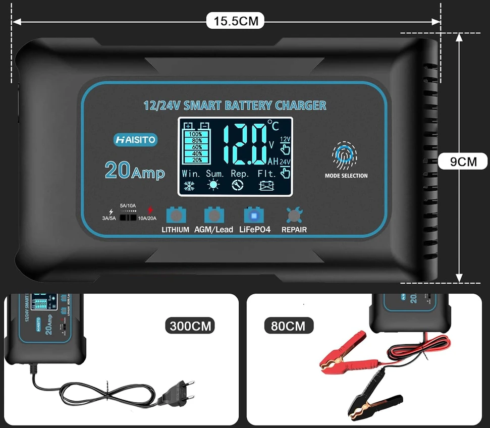 Haisito automobilių akumuliatorių įkroviklis 12 V/24 V, 20 A, LiFePO4 B0FR4V579L