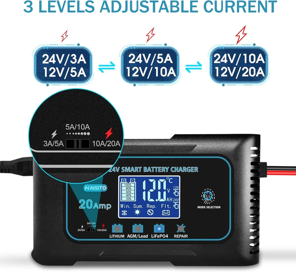 Haisito automobilių akumuliatorių įkroviklis 12 V/24 V, 20 A, LiFePO4 B0FR4V579L