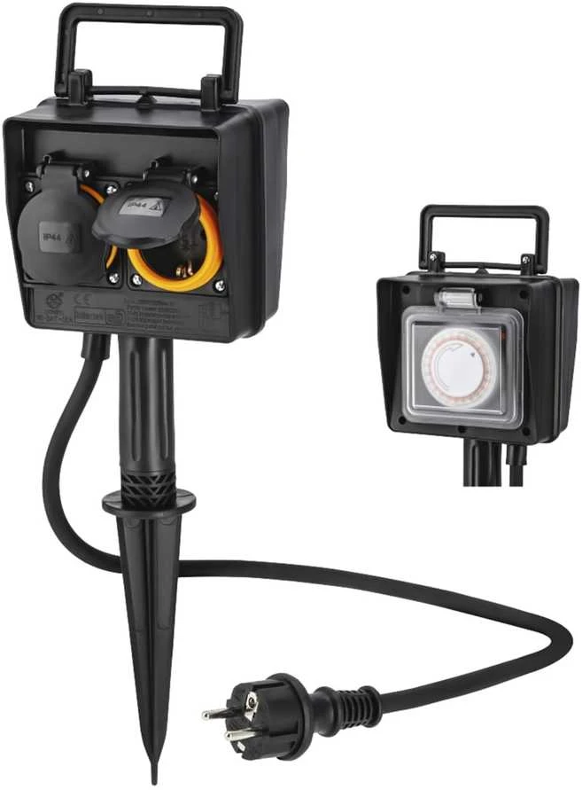 Hama lauko elektros lizdas su 2 kištukais, laikmačiu ir įžeminimo kuolu, IP44, 3680 W, 00223305