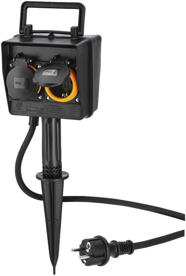 Hama lauko elektros lizdas su 2 kištukais, laikmačiu ir įžeminimo kuolu, IP44, 3680 W, 00223305