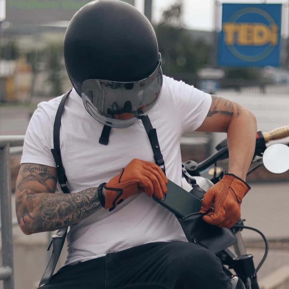 Harssidanzar vyriškos motociklininko pirštinės iš natūralios odos, pilnai dengtos, XS dydis GM028EU