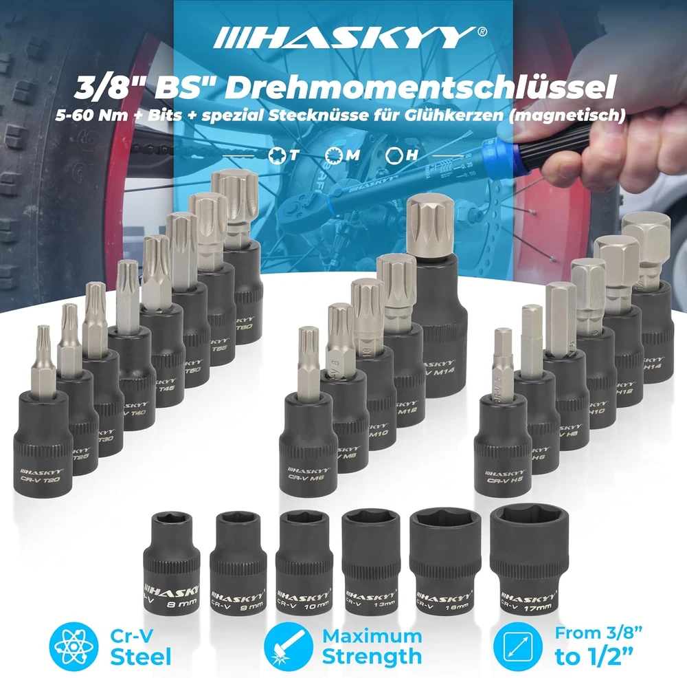 HASKYY dinamometrinių raktų rinkinys 3/8 col., 5–60 Nm, KDSF3/8"BS-23