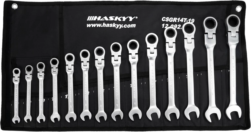 HASKYY kombinuotųjų veržliarakčių su šarnyrine galvute rinkinys 8–22 mm, 14 vnt., CGMRRS12T-15