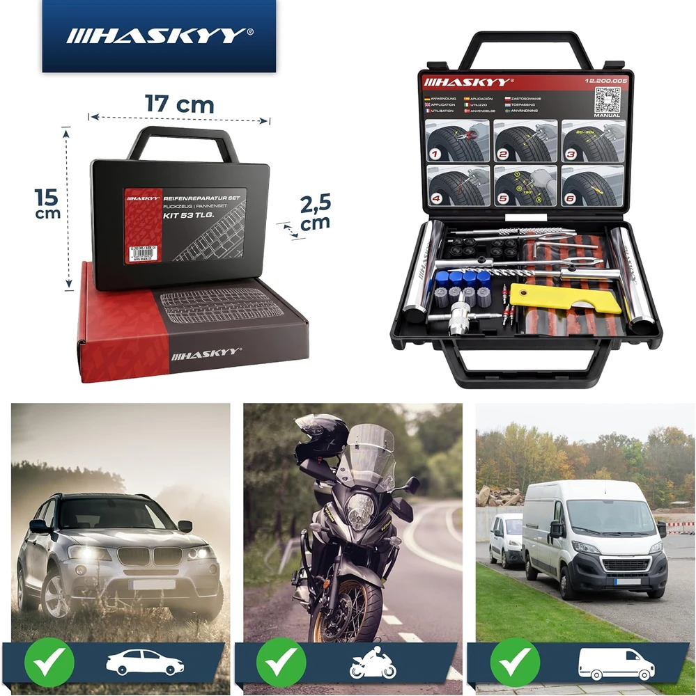 HASKYY padangų remonto rinkinys 53 dalių bekamerėms padangoms 12.200.005