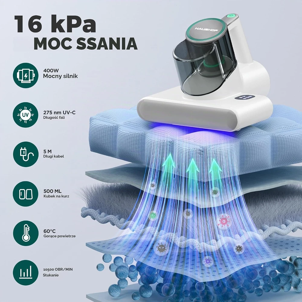 HAUSHOF čiužinių dulkių siurblys 400 W, 16 kPa, UV-C ir 60 °C karšto oro, HH24146