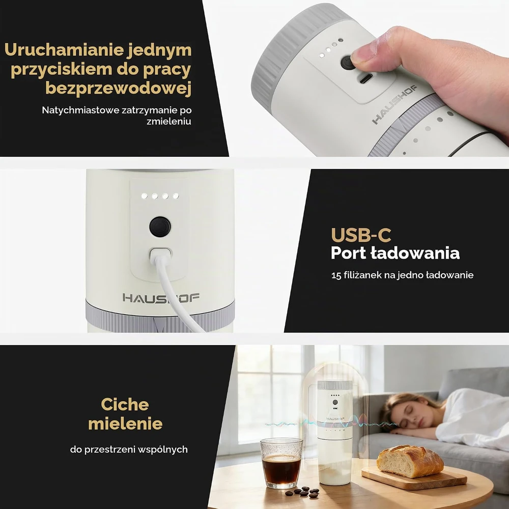 HAUSHOF nešiojamas kavos aparatas su keraminiu malūnėliu, USB-C, 300 ml, 18 W, HH25034A