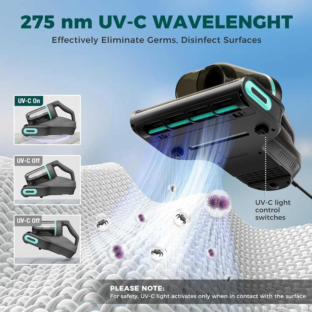 HAUSHOF rankinis čiužinių dulkių siurblys su UV-C lempa, HEPA filtru, 400 W galia, 15 kPa siurbimu, HH24142A
