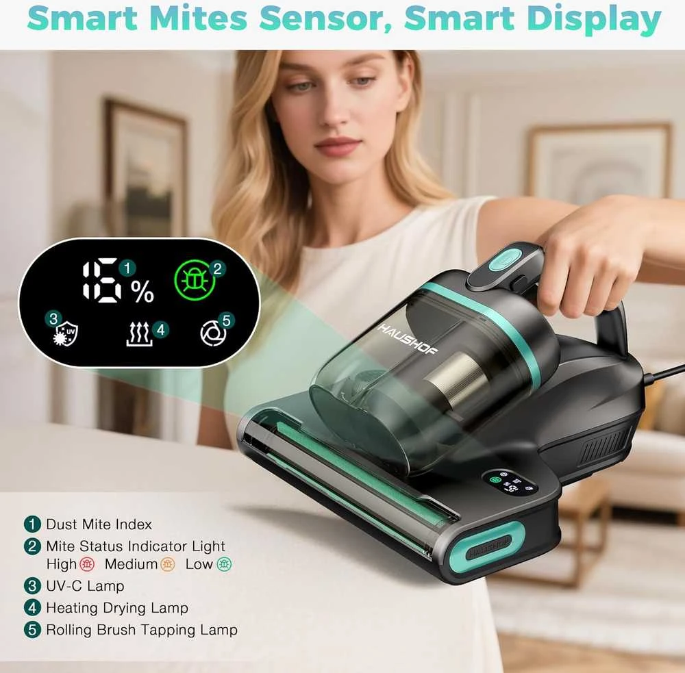HAUSHOF rankinis čiužinių dulkių siurblys su UV-C lempa, HEPA filtru, 400 W galia, 15 kPa siurbimu, HH24142A