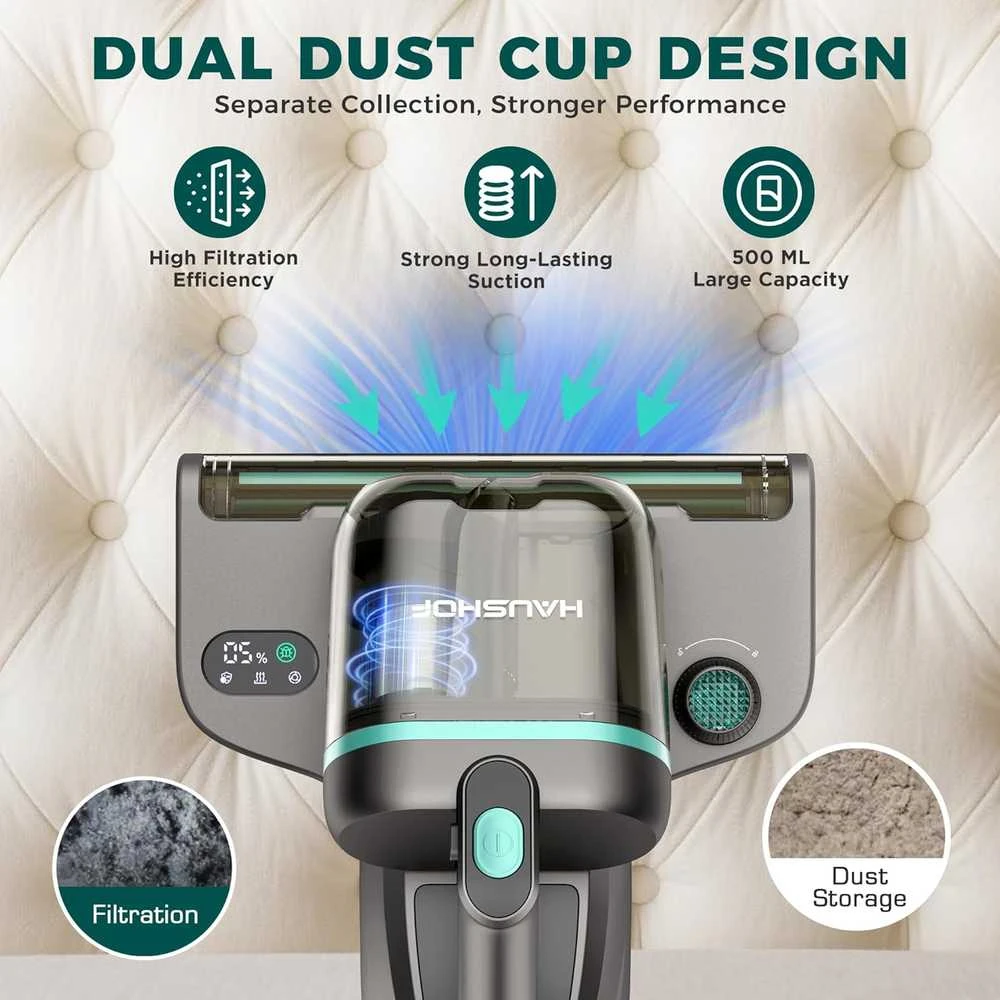 HAUSHOF rankinis čiužinių dulkių siurblys su UV-C lempa, HEPA filtru, 400 W galia, 15 kPa siurbimu, HH24142A