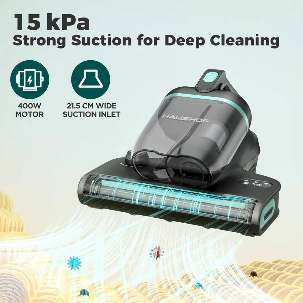 HAUSHOF rankinis čiužinių dulkių siurblys su UV-C lempa, HEPA filtru, 400 W galia, 15 kPa siurbimu, HH24142A