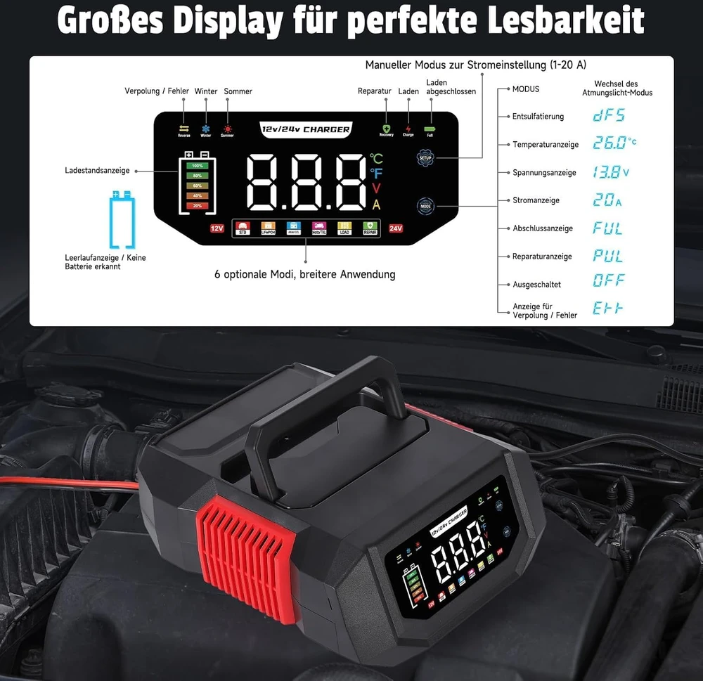 HAUSPROFI išmanusis akumuliatorių įkroviklis 12 V/24 V, 1–20 A, LiFePO4/AGM, B0FVDP4JTR