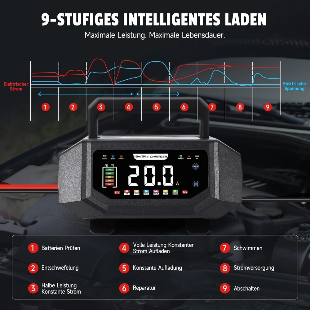 HAUSPROFI išmanusis akumuliatorių įkroviklis 12 V/24 V, 1–20 A, LiFePO4/AGM, B0FVDP4JTR