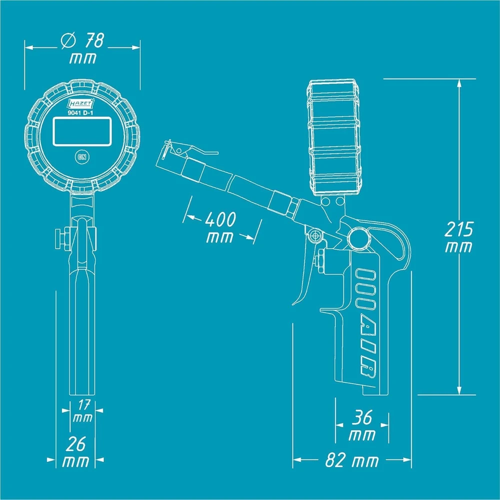 Hazet skaitmeninis padangų slėgio matuoklis 0–12 bar, 400 mm žarna, 9041D-1