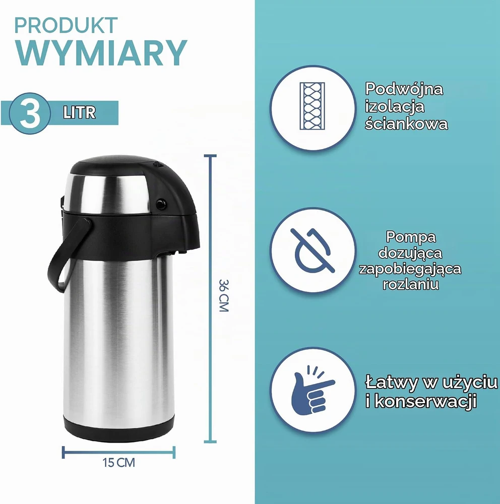 HEFTMAN termosinis ąsotis su pompa, 3 l, pasukamas 360 °