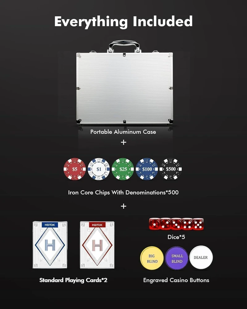 HEITOK pokerio rinkinys 500 sunumeruotų 11.5 g žetonų su metaliniu branduoliu ir aliuminio lagaminu XY-6511