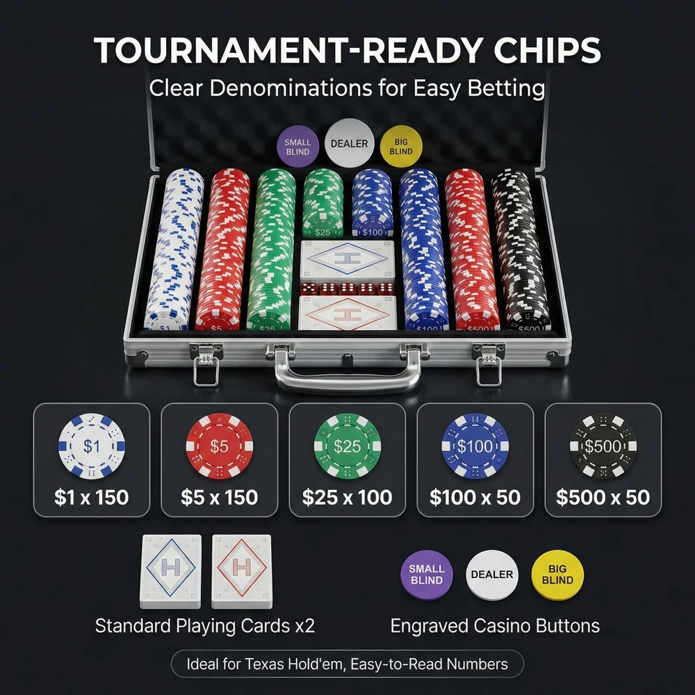 HEITOK pokerio rinkinys 500 sunumeruotų 11.5 g žetonų su metaliniu branduoliu ir aliuminio lagaminu XY-6511