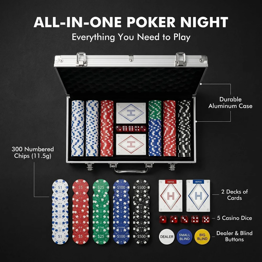 HEITOK pokerio rinkinys aliuminio dėkle, 300 kompozitinių žetonų su nominalais, Texas Holdem, XY-6311