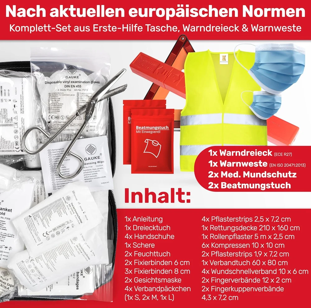 HELDENWERK automobilinis pirmosios pagalbos rinkinys 3 viename su įspėjamuoju trikampiu 1100144