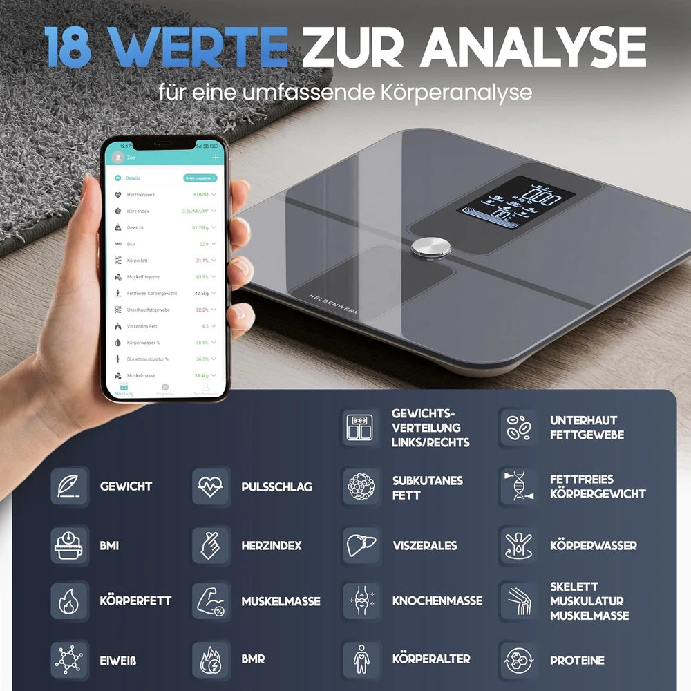 HELDENWERK išmaniosios kūno sudėties svarstyklės su Bluetooth, iki 180 kg