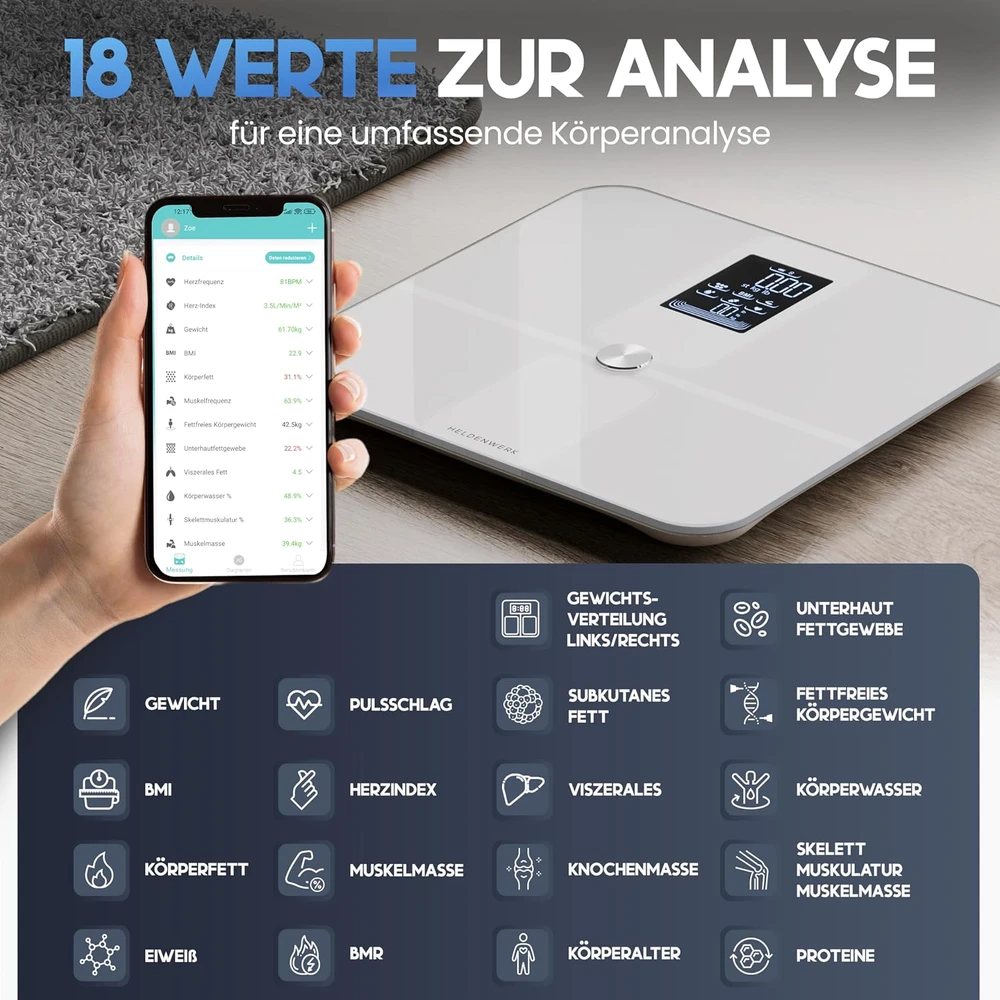 HELDENWERK išmaniosios kūno sudėties svarstyklės su Bluetooth, 180 kg