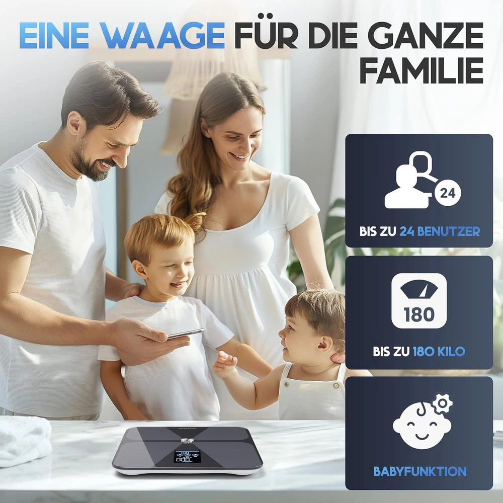 HELDENWERK kūno sudėties svarstyklės su Bluetooth, 180 kg, kūno riebalų analizė