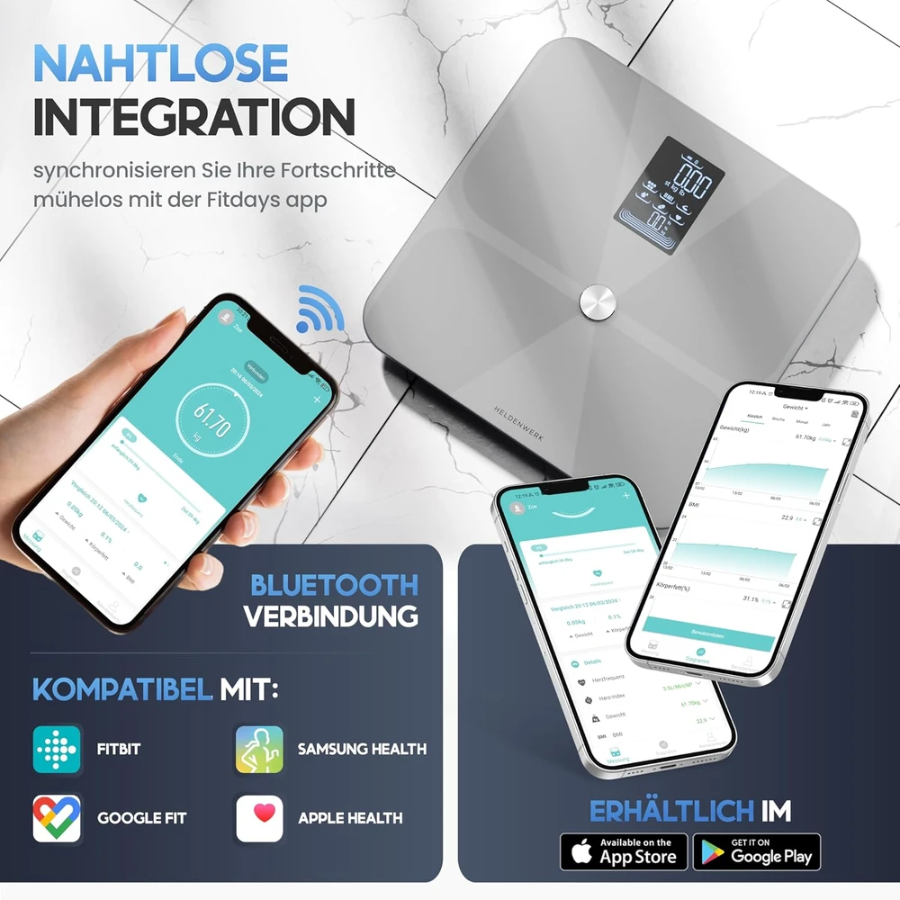 HELDENWERK kūno sudėties svarstyklės su Bluetooth, 180 kg