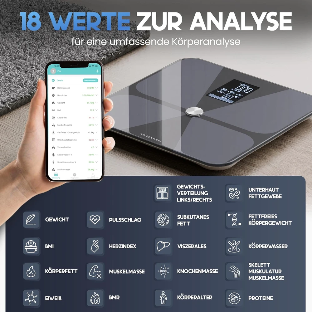 HELDENWERK kūno sudėties svarstyklės su Bluetooth, 180 kg, kūno riebalų analizė