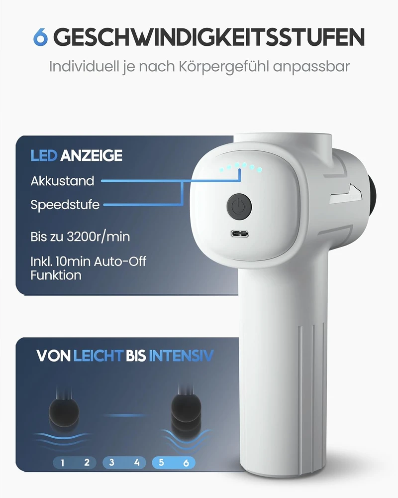 HELDENWERK masažinis pistoletas su 6 antgaliais, 3200 aps./min. ir USB-C, 1100072