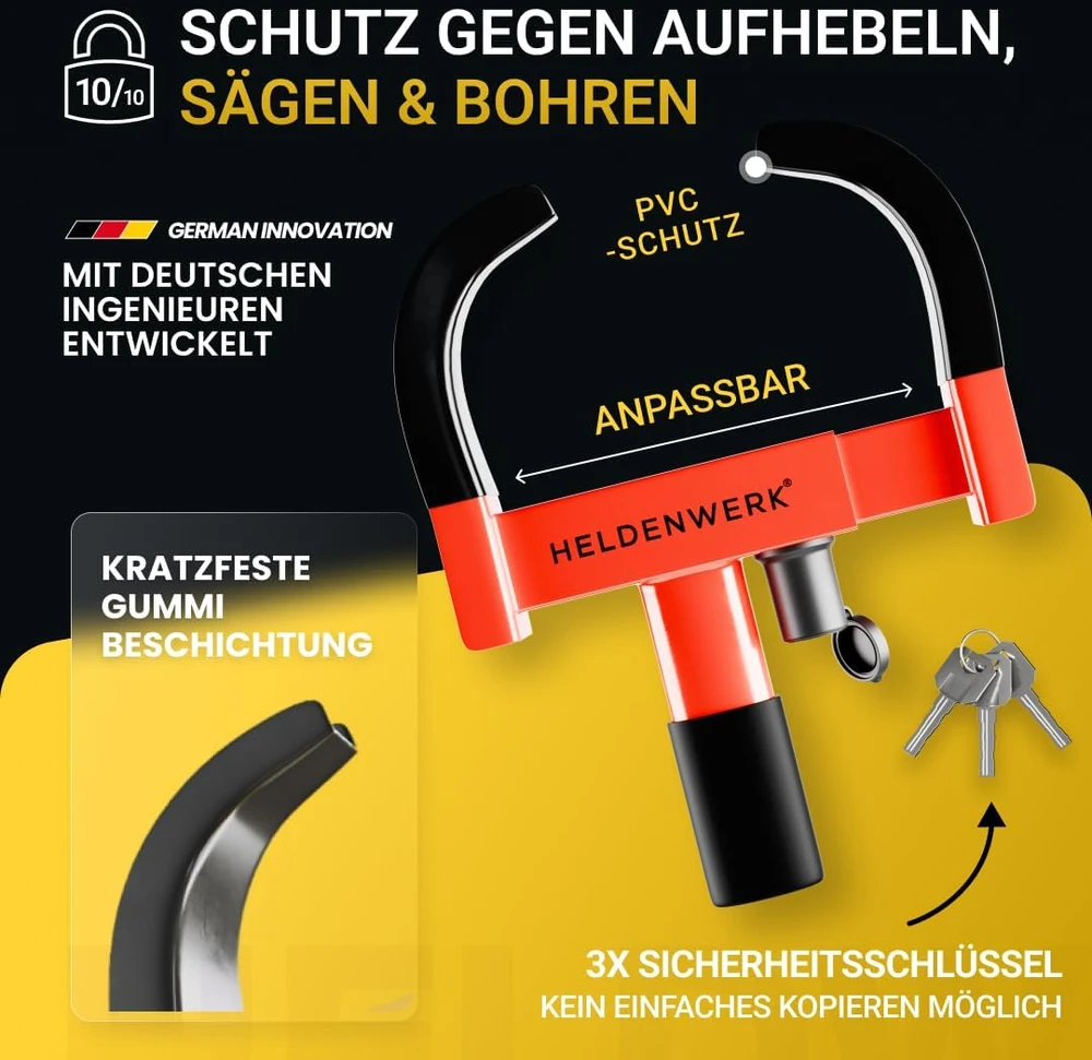 HELDENWERK ratų blokatorius automobiliui ir priekabai, 18–30 cm, 3 raktai, 1100161